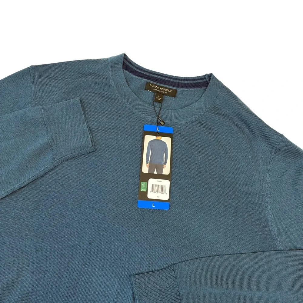 Banana Republic Sweater Men L Blue 100% Merino Wool Crew Neck Pullover NEW